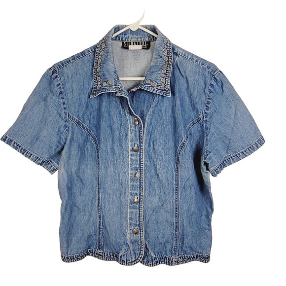 Vintage Signature by Jerell denim embroidered button up top Large Retro Western - Picture 1 of 7